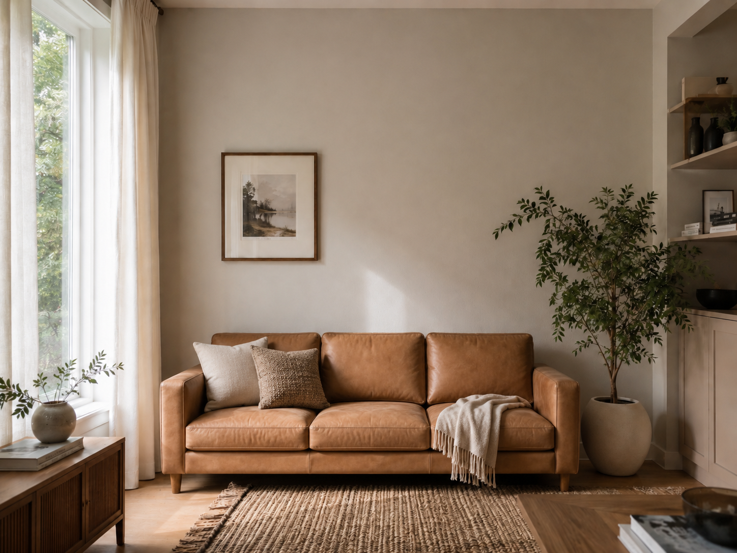 Living room with added tan leather sofa