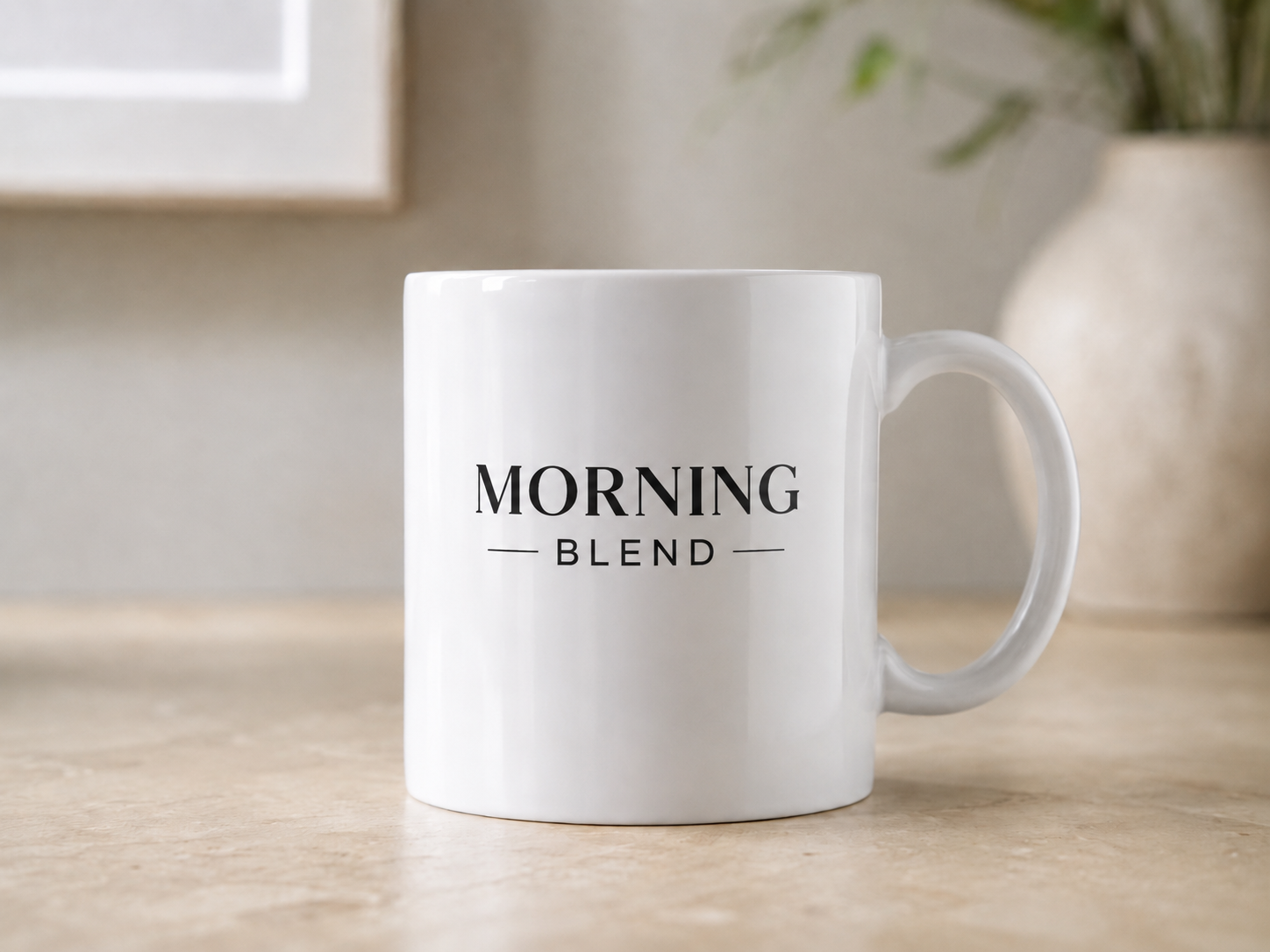 White mug with MORNING BLEND label