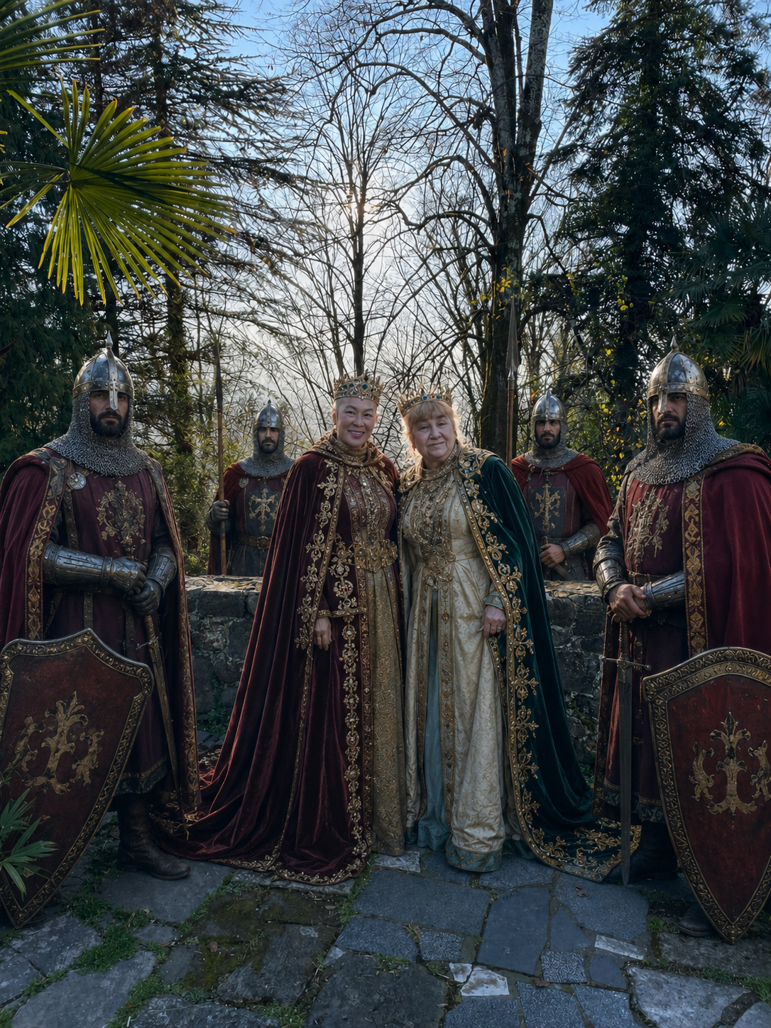 Two women turned into medieval royals with guards